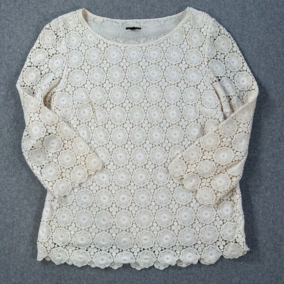 Talbots Crochet Lace Overlay Blouse Women's 12 Cream 3/4 Sleeve Scallop Hem - Picture 1 of 7